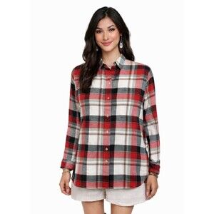 Old Navy XS Button Down Shirt The Boyfriend Red Plaid Long Sleeve  Womens